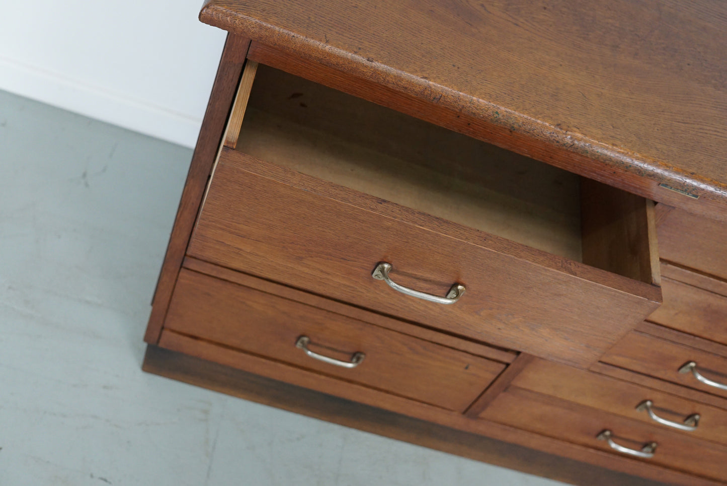 Dutch Industrial Oak Apothecary Cabinet, Mid-20th Century