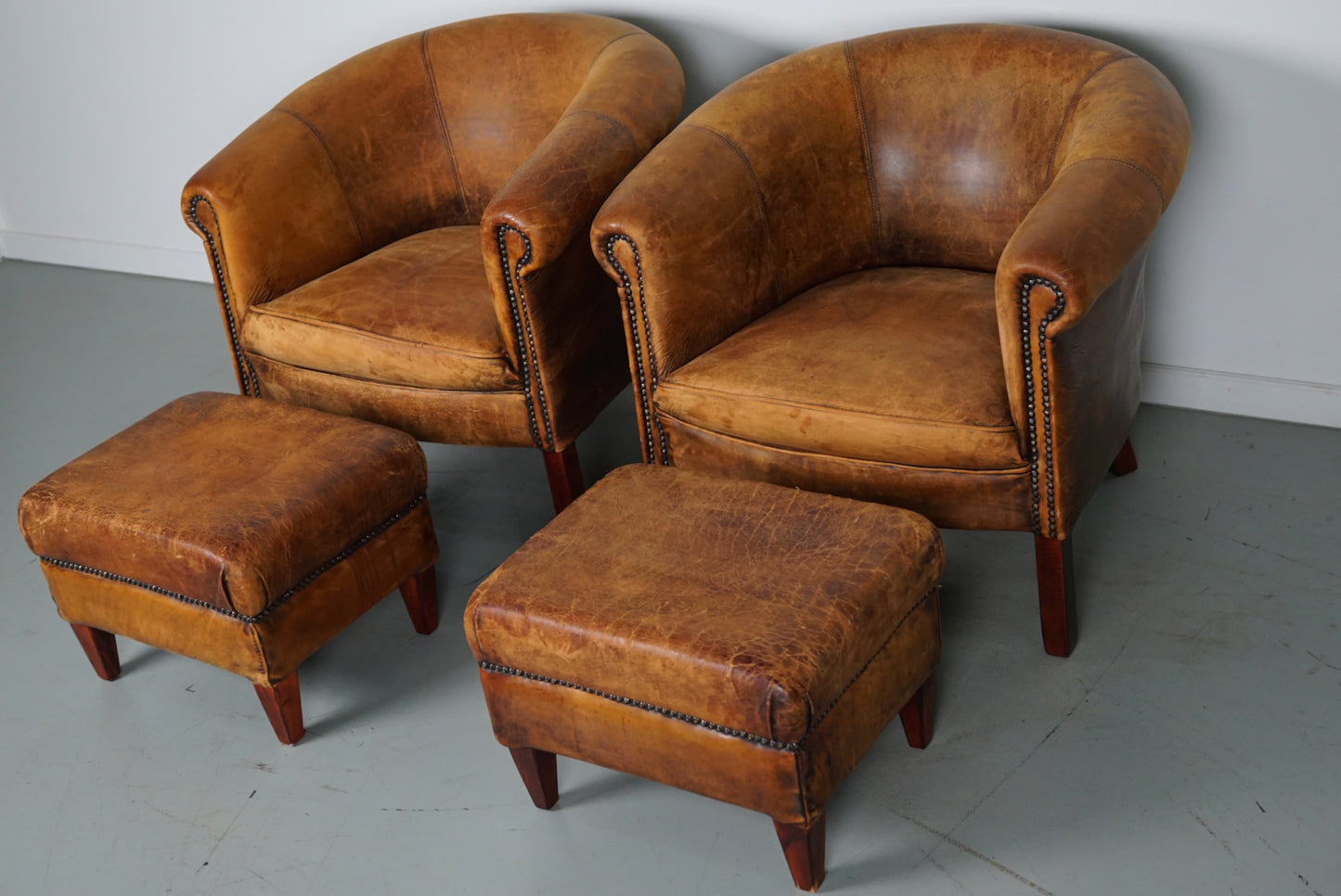 Vintage Dutch Cognac Colored Leather Club Chair, Set of 2 with Footstools