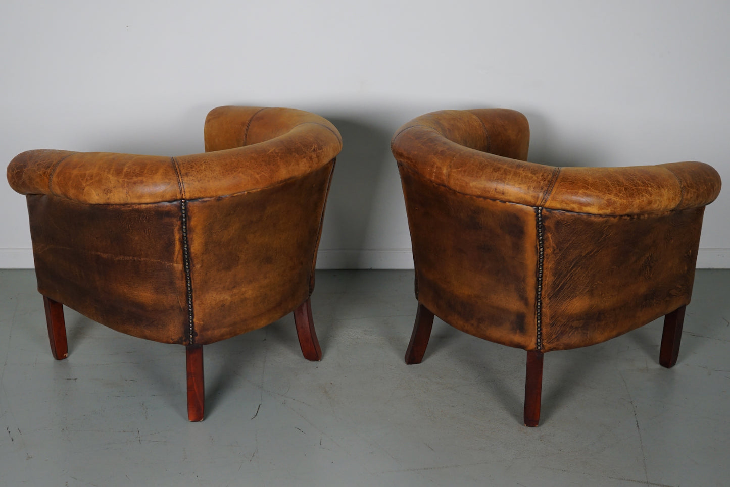 Vintage Dutch Cognac Colored Leather Club Chair, Set of 2 with Footstools