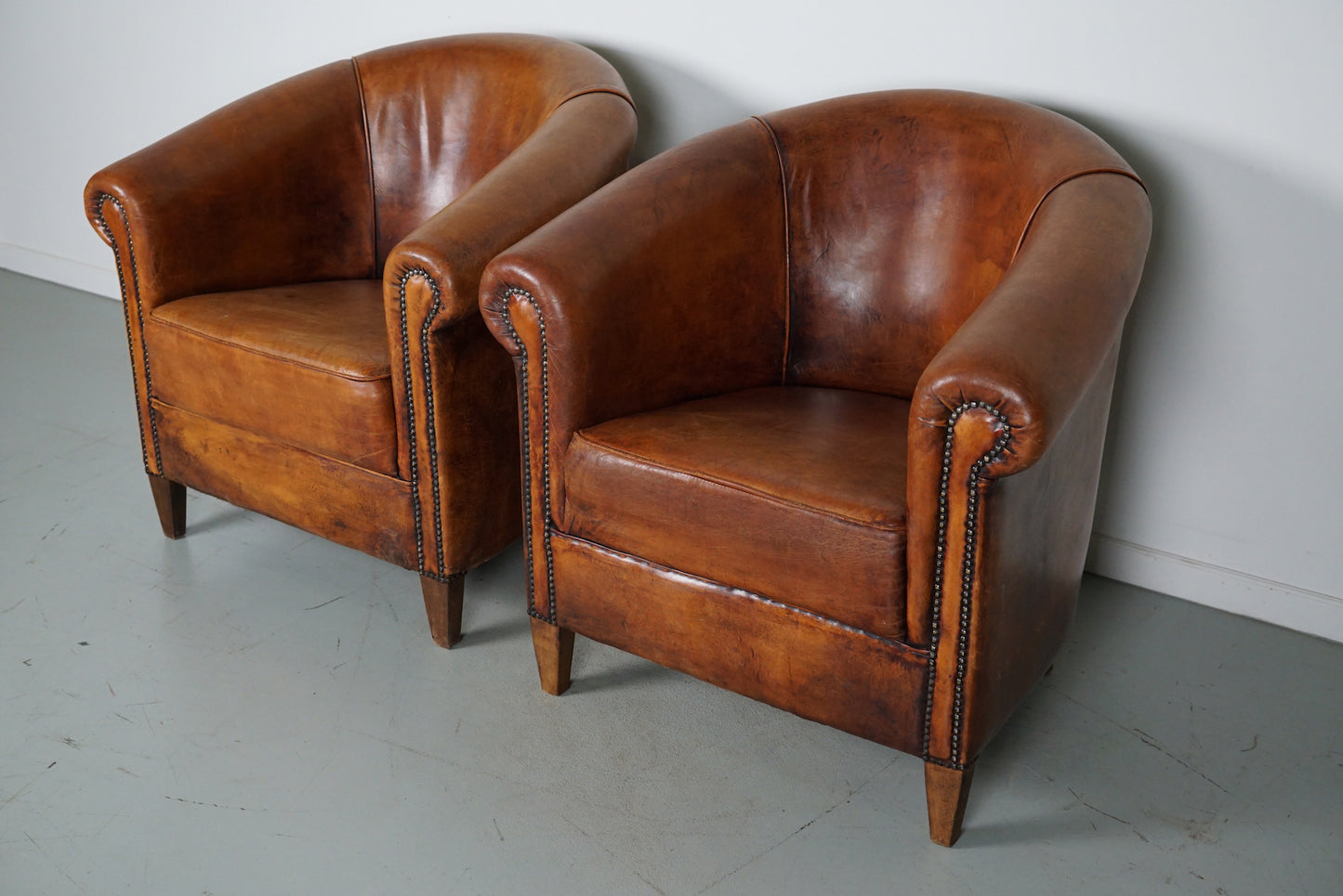 Vintage Dutch Cognac Colored Leather Club Chair, Set of 2