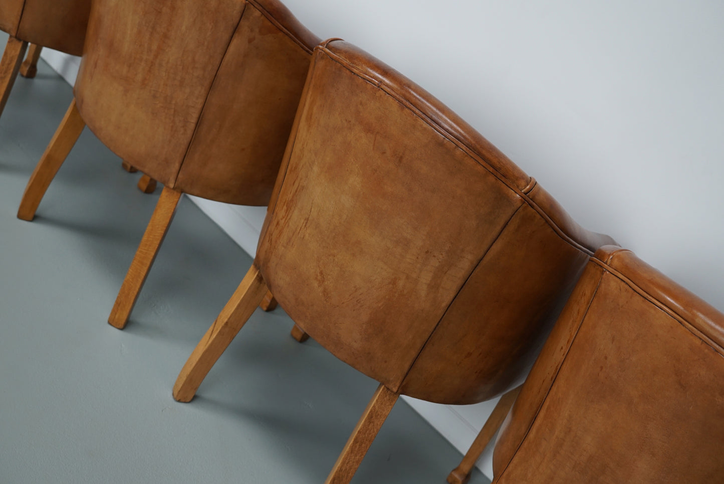 Art Deco Style Dutch Cognac Leather Club Chairs, Set of Four