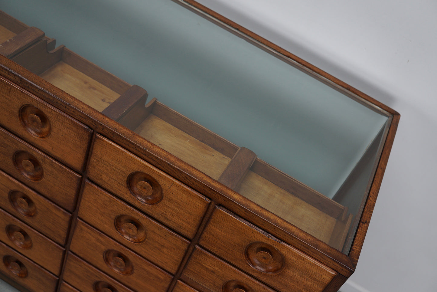 Vintage Large Dutch Oak & Glass Shop Counter Cabinet / Vitrine, Mid-Century