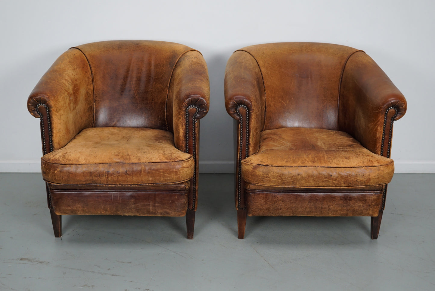 Vintage Dutch Cognac Colored Leather Club Chair, Set of 2