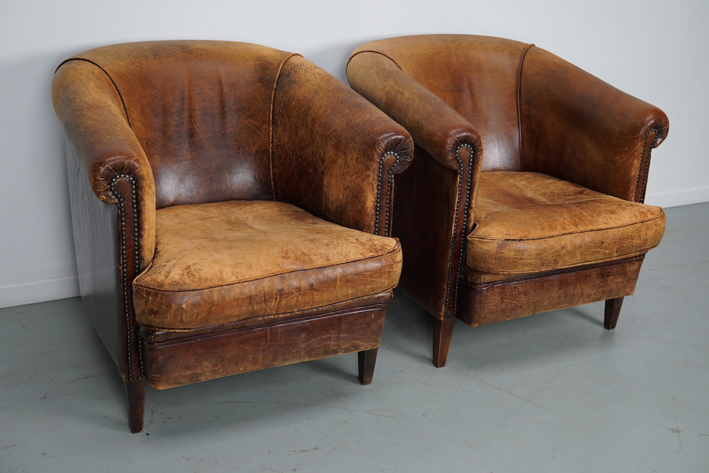 Vintage Dutch Cognac Colored Leather Club Chair, Set of 2