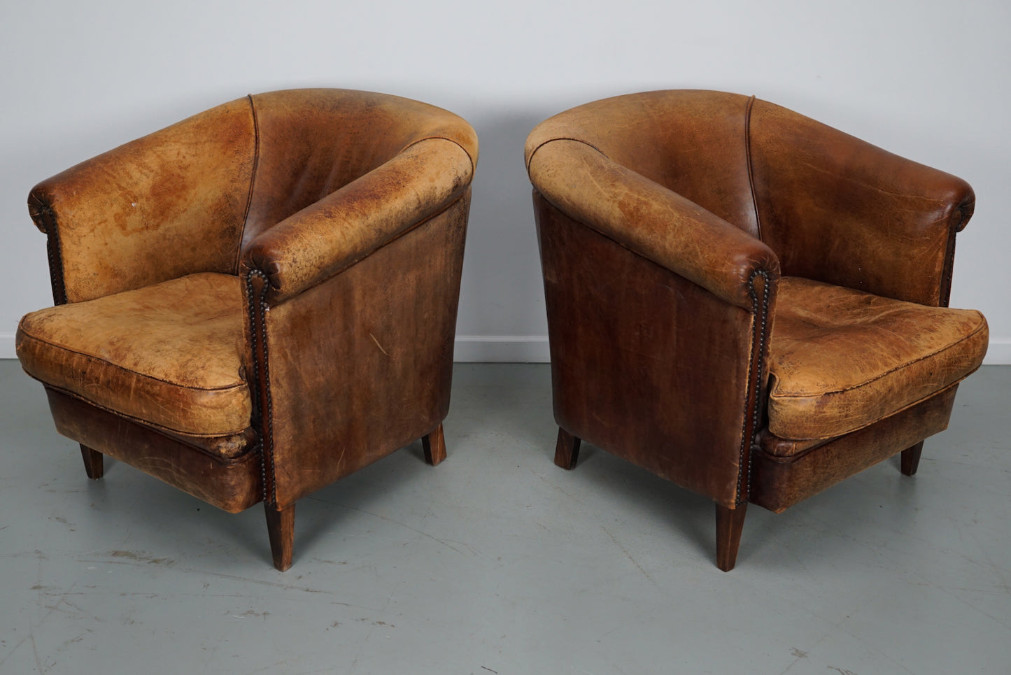 Vintage Dutch Cognac Colored Leather Club Chair, Set of 2