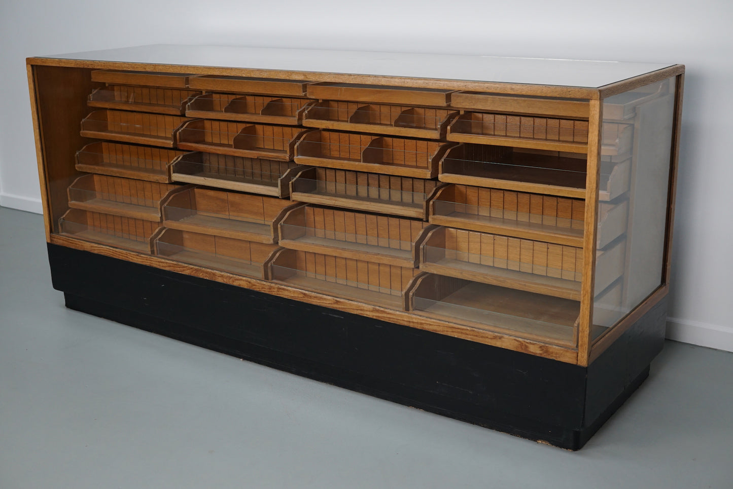 Vintage German Oak Glass Shop Counter Haberdashery Cabinet Vitrine, ca 1950