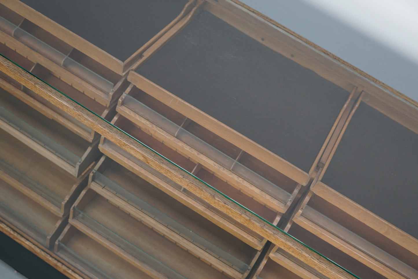 Vintage German Oak Glass Shop Counter Haberdashery Cabinet Vitrine, ca 1950