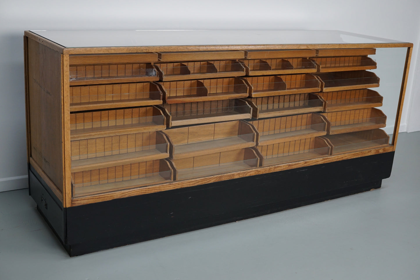 Vintage German Oak Glass Shop Counter Haberdashery Cabinet Vitrine, ca 1950