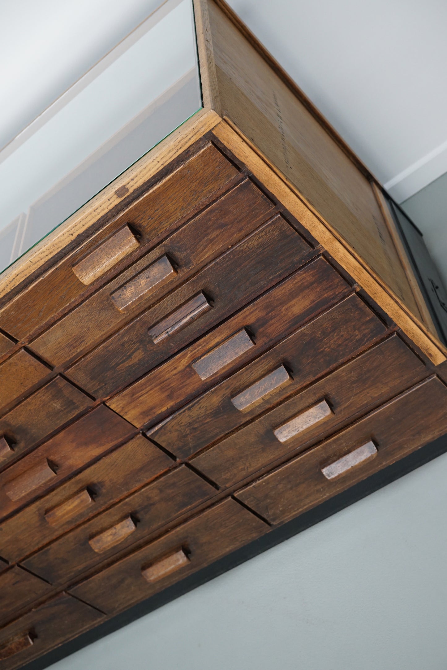 Vintage German Oak Glass Shop Counter Haberdashery Cabinet Vitrine, ca 1950