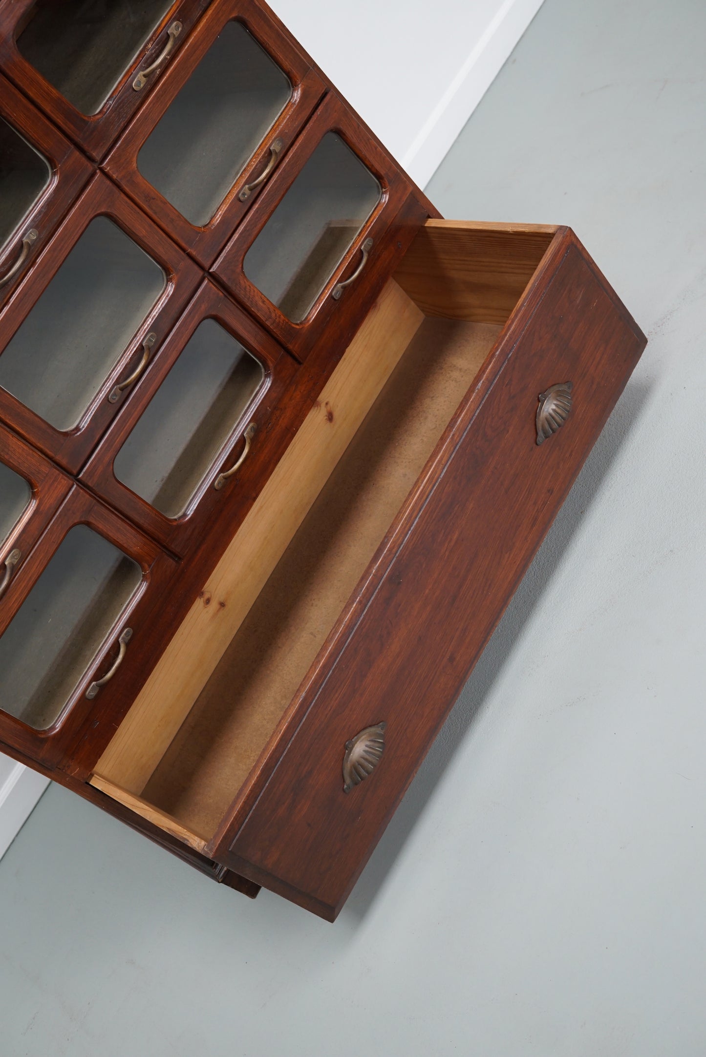 English Haberdashery Shop Cabinet with Glass Fronted Drawers, Circa 1930s