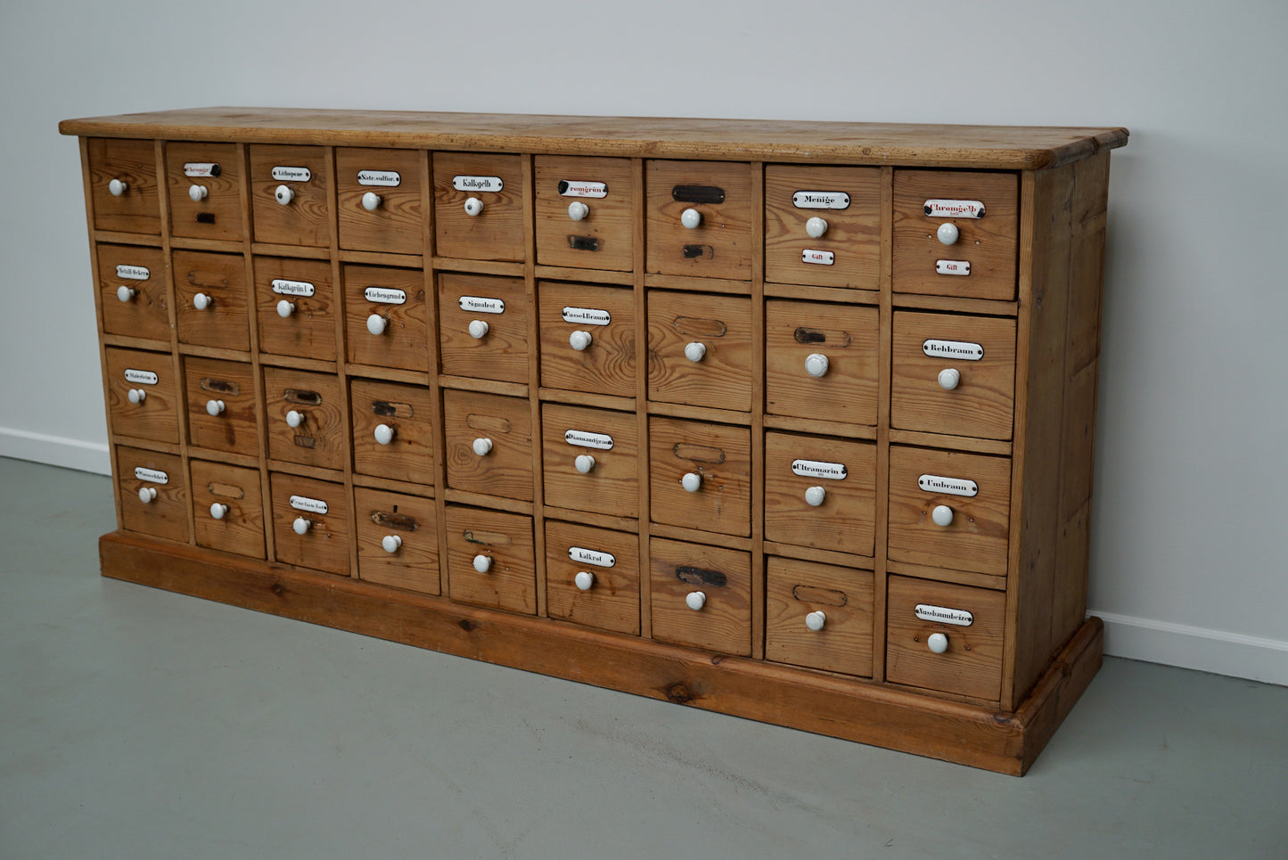 Antique German Pine Apothecary Cabinet with Enamel Shields, 1900s