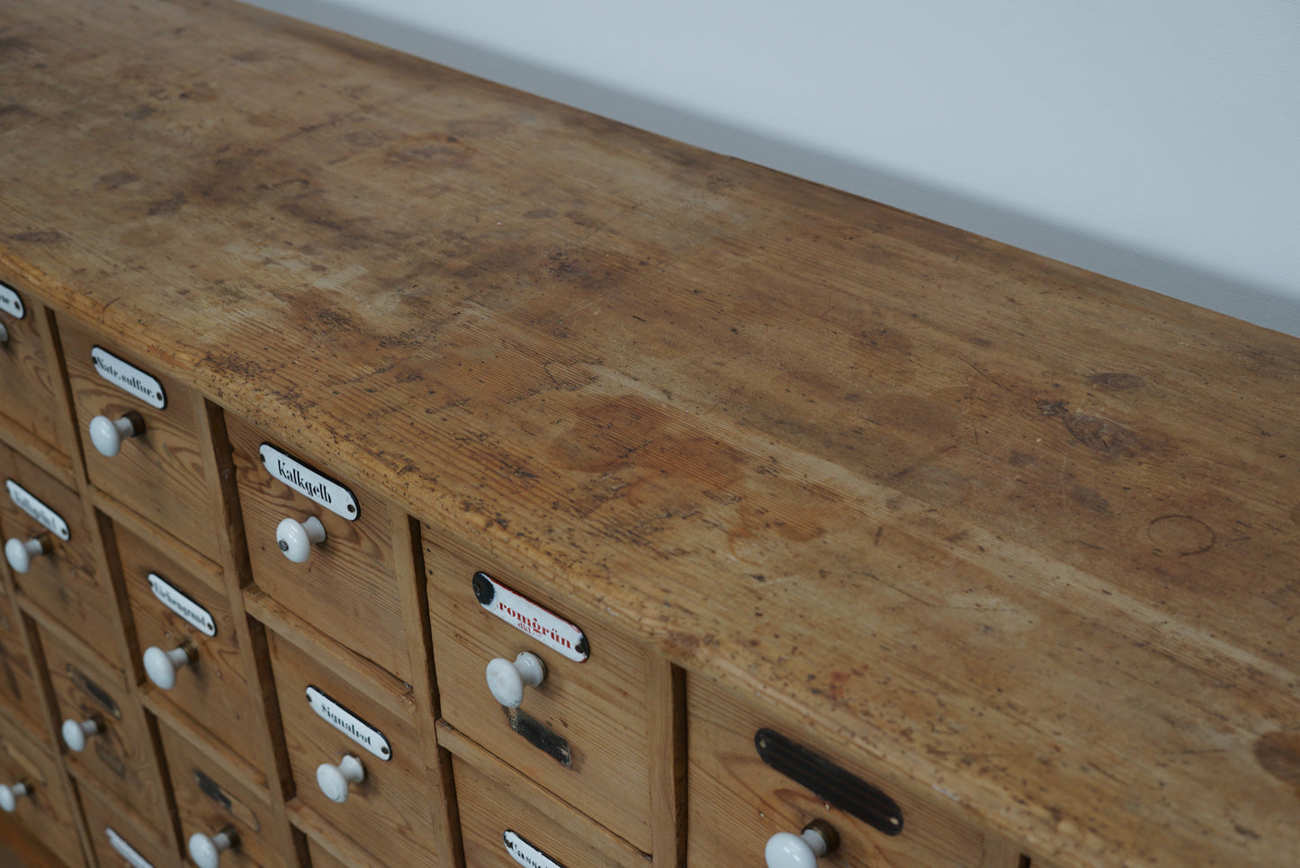 Antique German Pine Apothecary Cabinet with Enamel Shields, 1900s