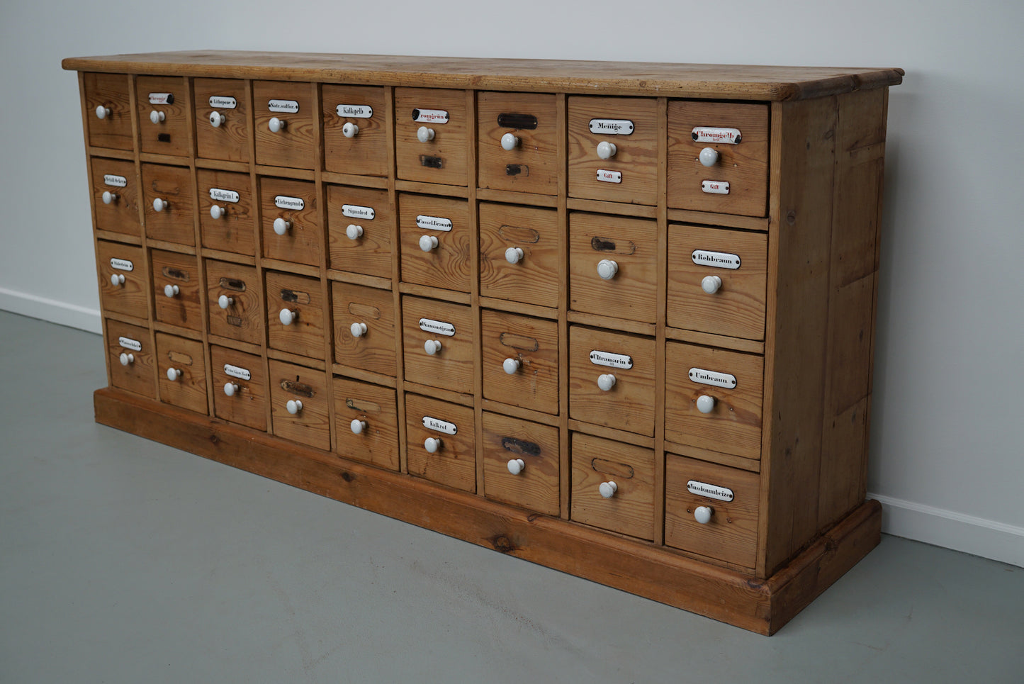 Antique German Pine Apothecary Cabinet with Enamel Shields, 1900s