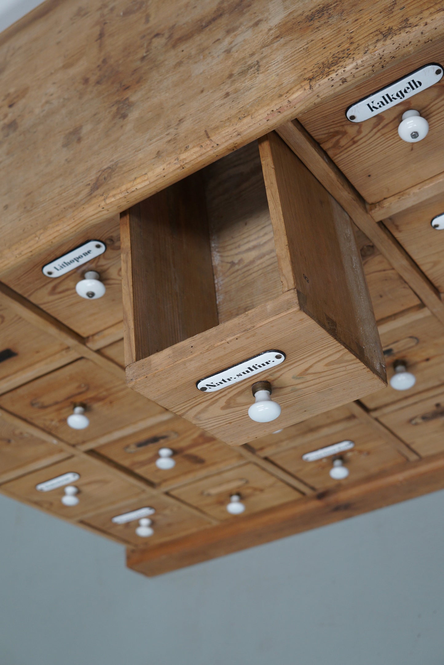 Antique German Pine Apothecary Cabinet with Enamel Shields, 1900s