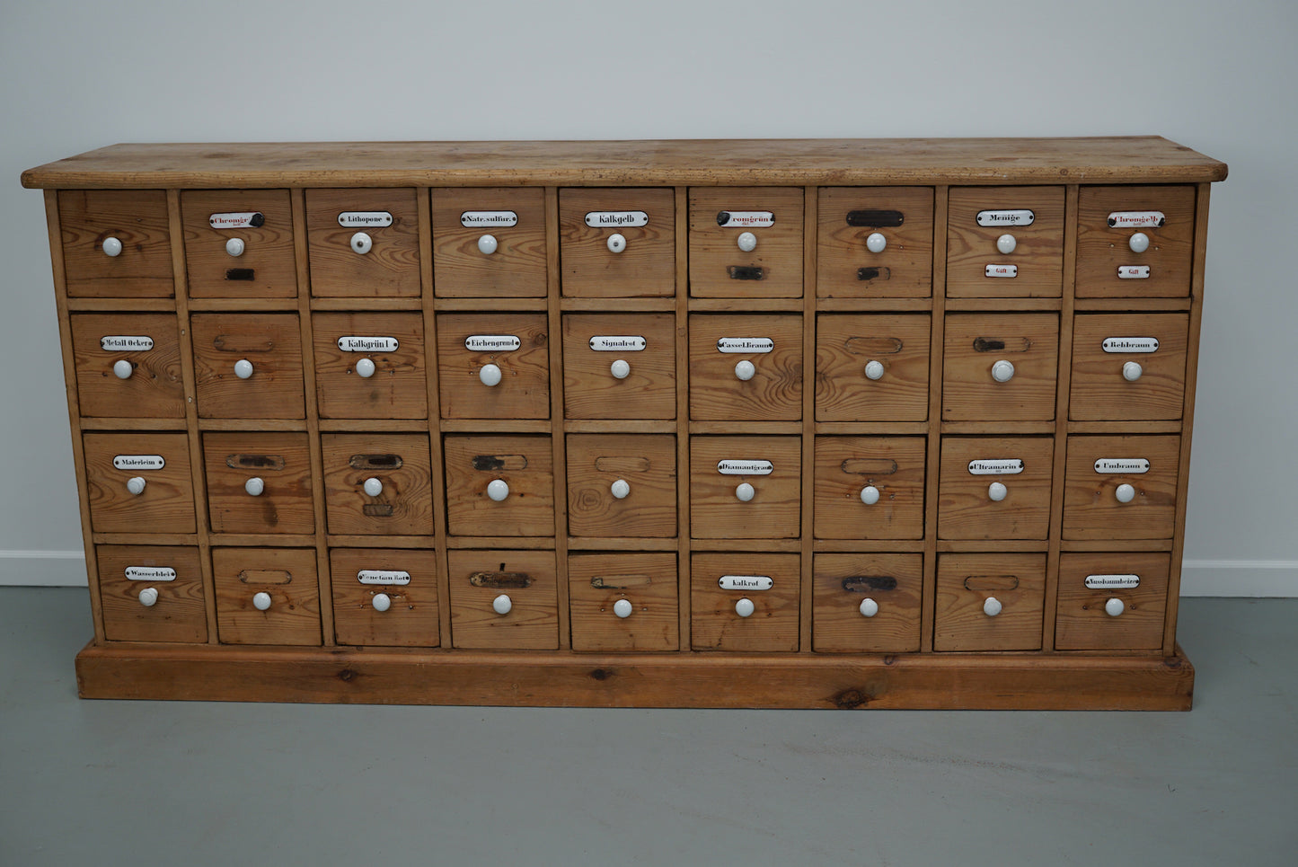 Antique German Pine Apothecary Cabinet with Enamel Shields, 1900s