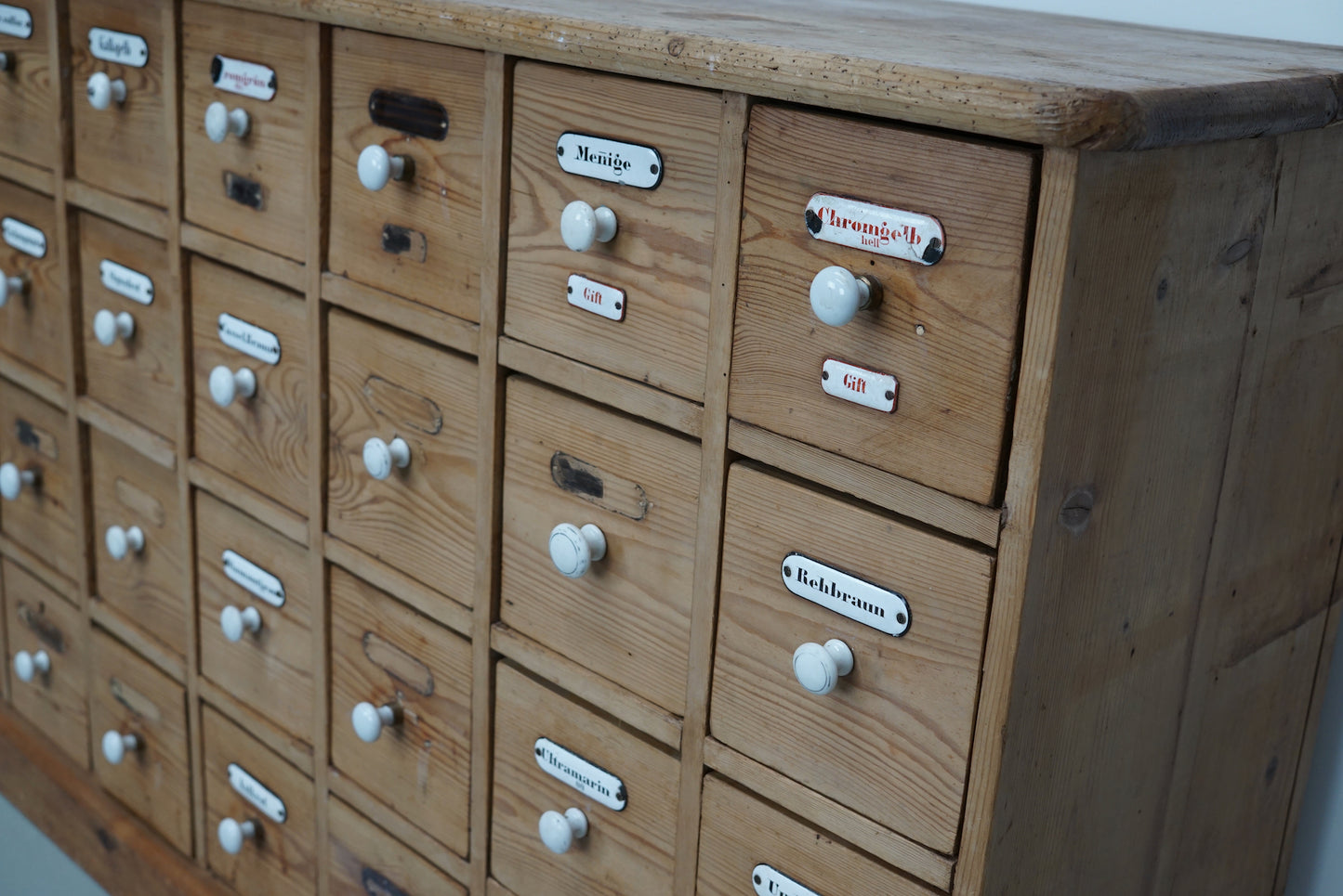 Antique German Pine Apothecary Cabinet with Enamel Shields, 1900s