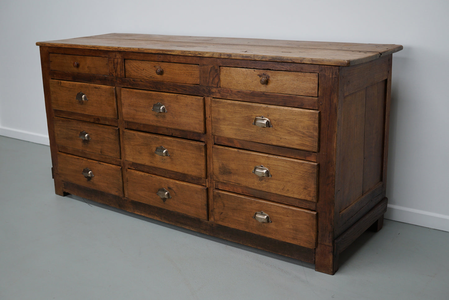 Antique French Oak and Beech Rustic Bank of Apothecary Drawers, Circa 1910