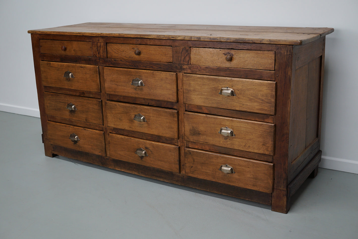 Antique French Oak and Beech Rustic Bank of Apothecary Drawers, Circa 1910