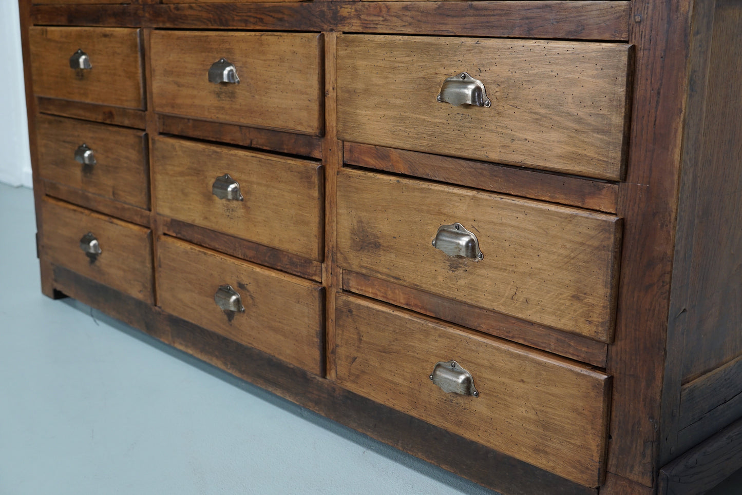 Antique French Oak and Beech Rustic Bank of Apothecary Drawers, Circa 1910