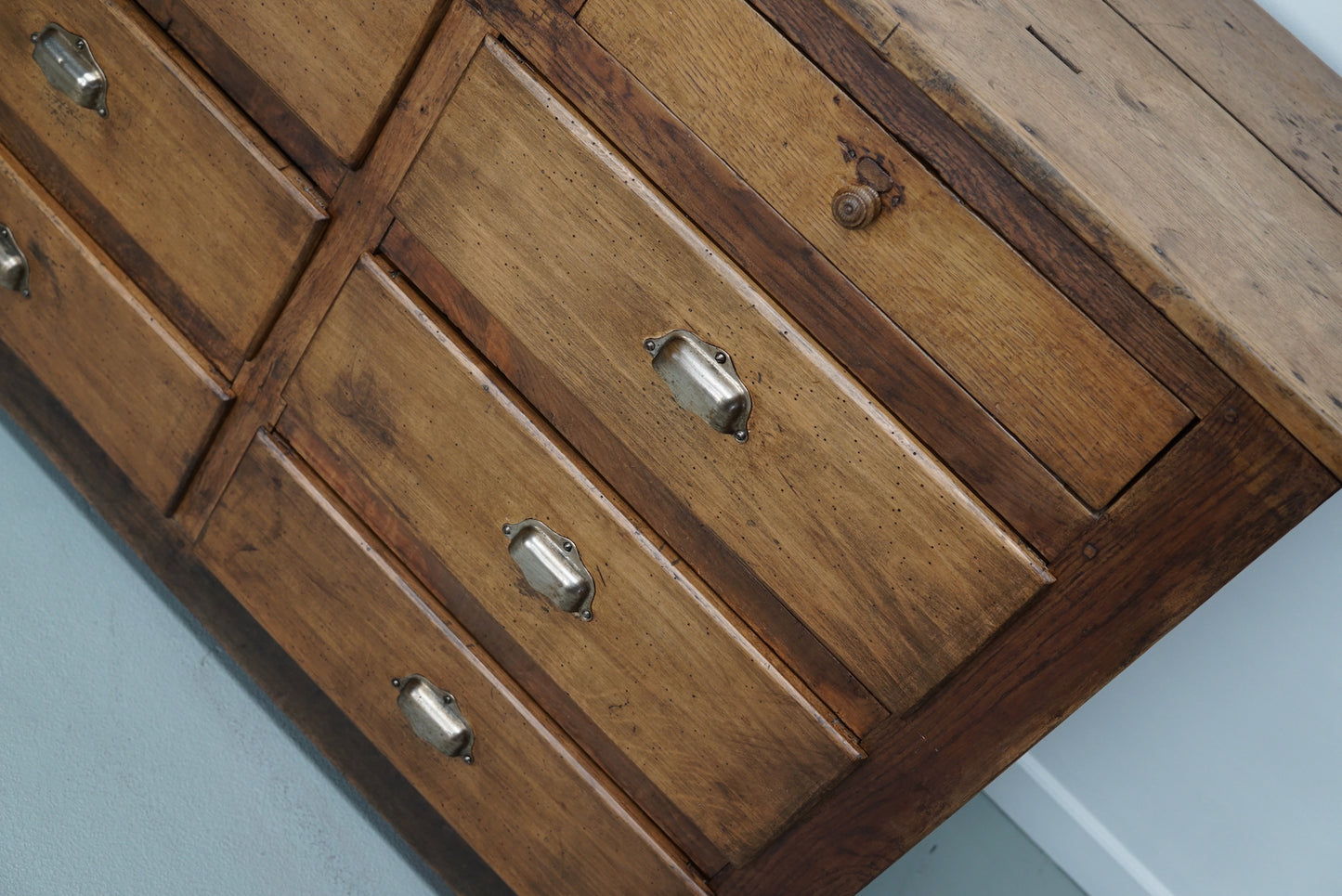 Antique French Oak and Beech Rustic Bank of Apothecary Drawers, Circa 1910