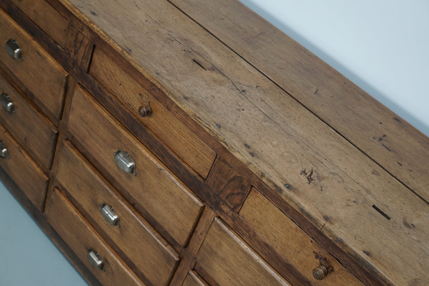 Antique French Oak and Beech Rustic Bank of Apothecary Drawers, Circa 1910