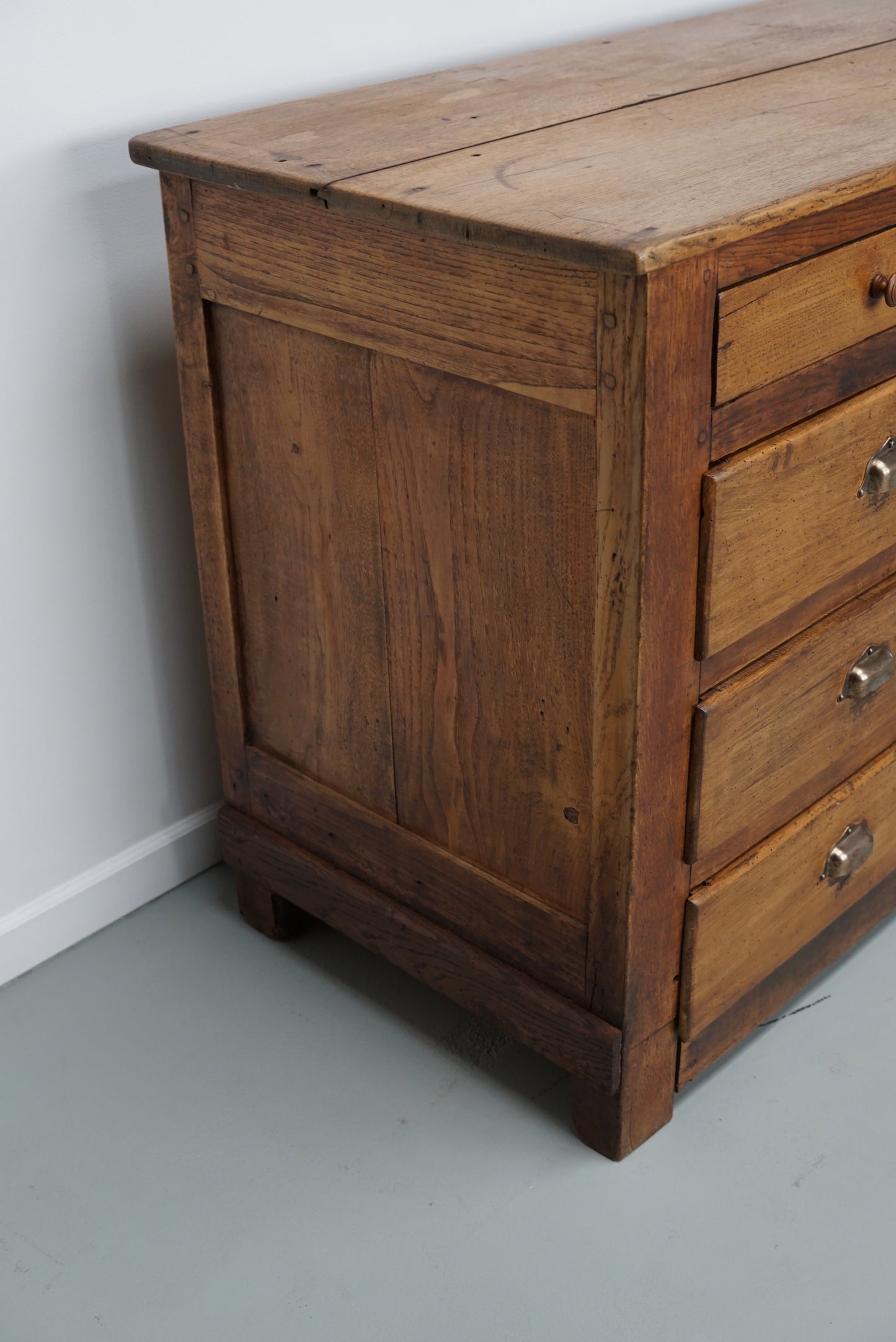 Antique French Oak and Beech Rustic Bank of Apothecary Drawers, Circa 1910