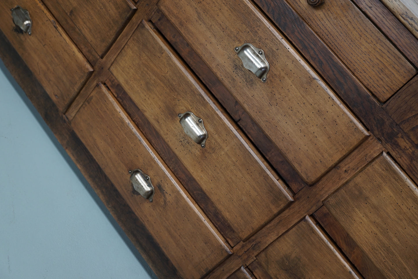 Antique French Oak and Beech Rustic Bank of Apothecary Drawers, Circa 1910