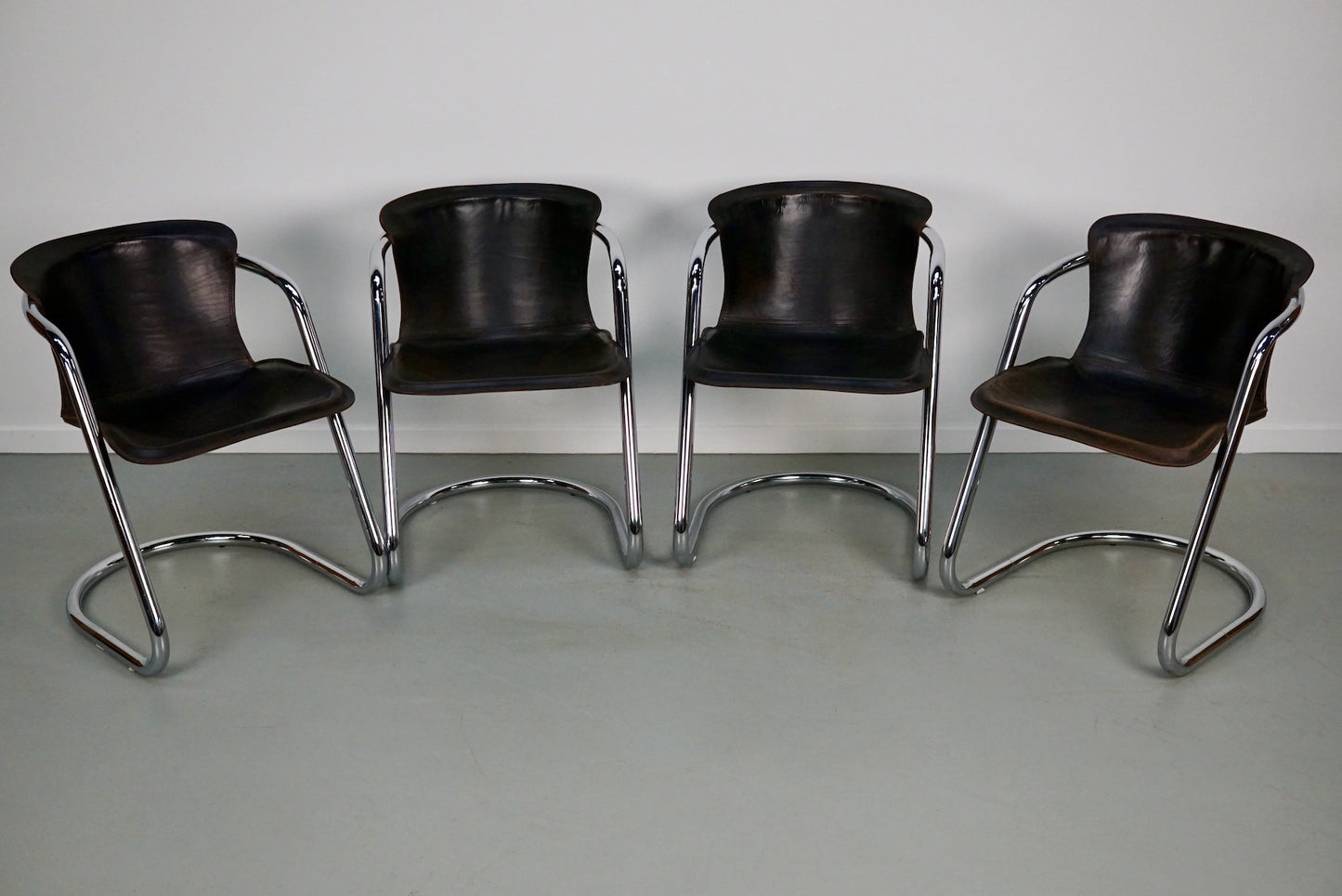 Set of Four Brown Leather Dining Chairs, Willy Rizzo, 1970s