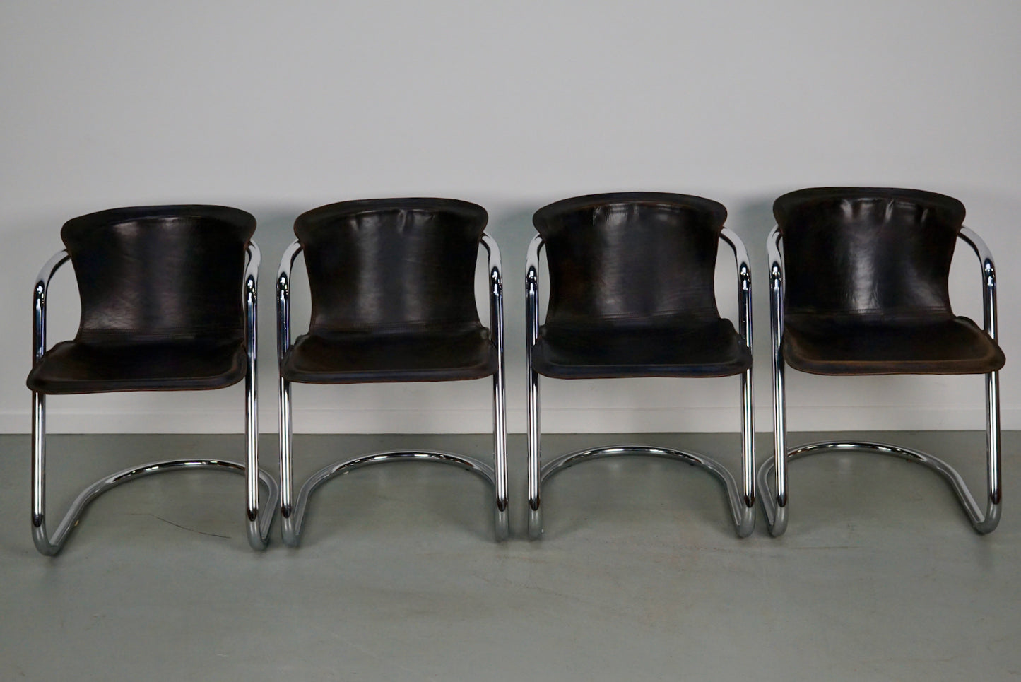 Set of Four Brown Leather Dining Chairs, Willy Rizzo, 1970s