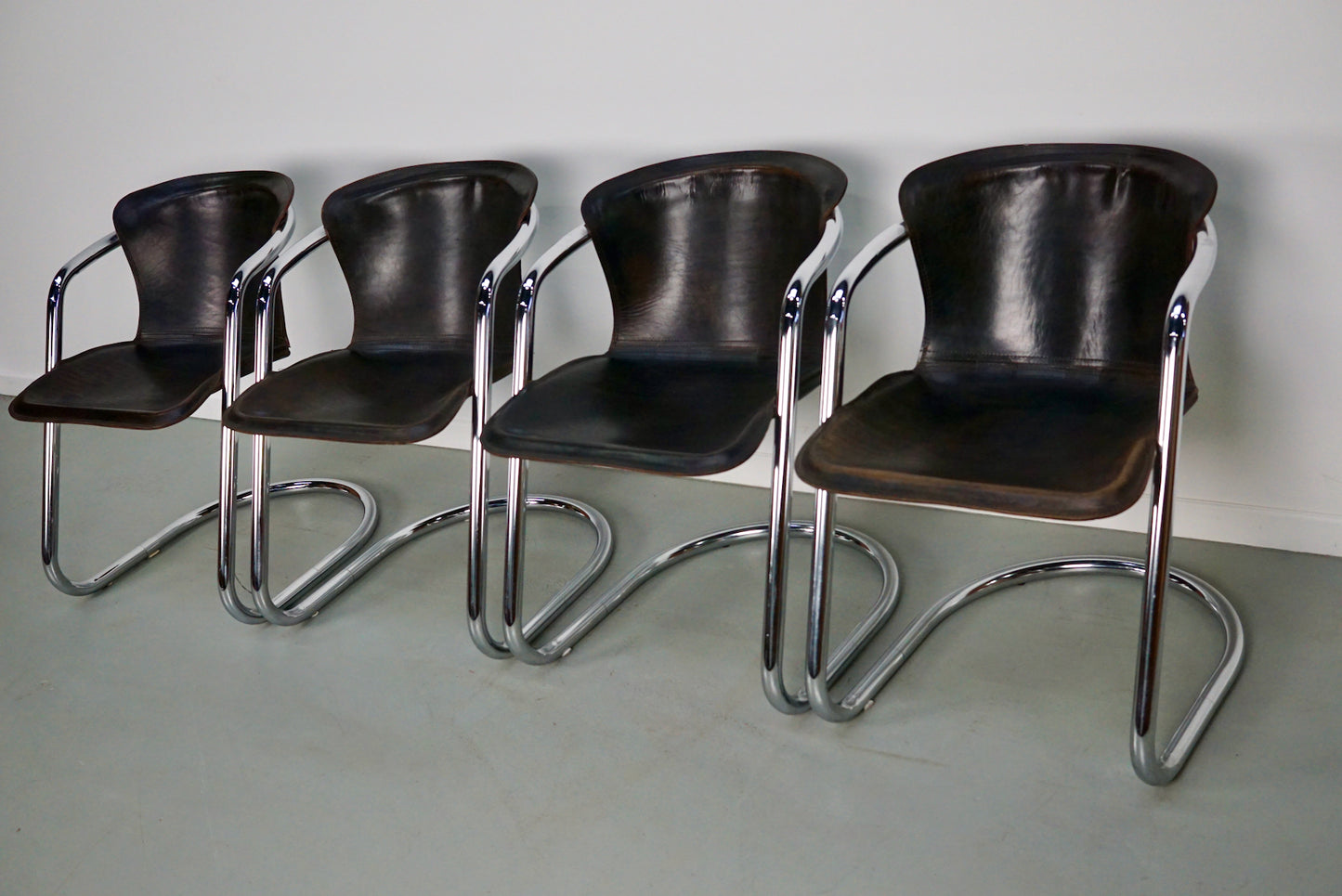 Set of Four Brown Leather Dining Chairs, Willy Rizzo, 1970s