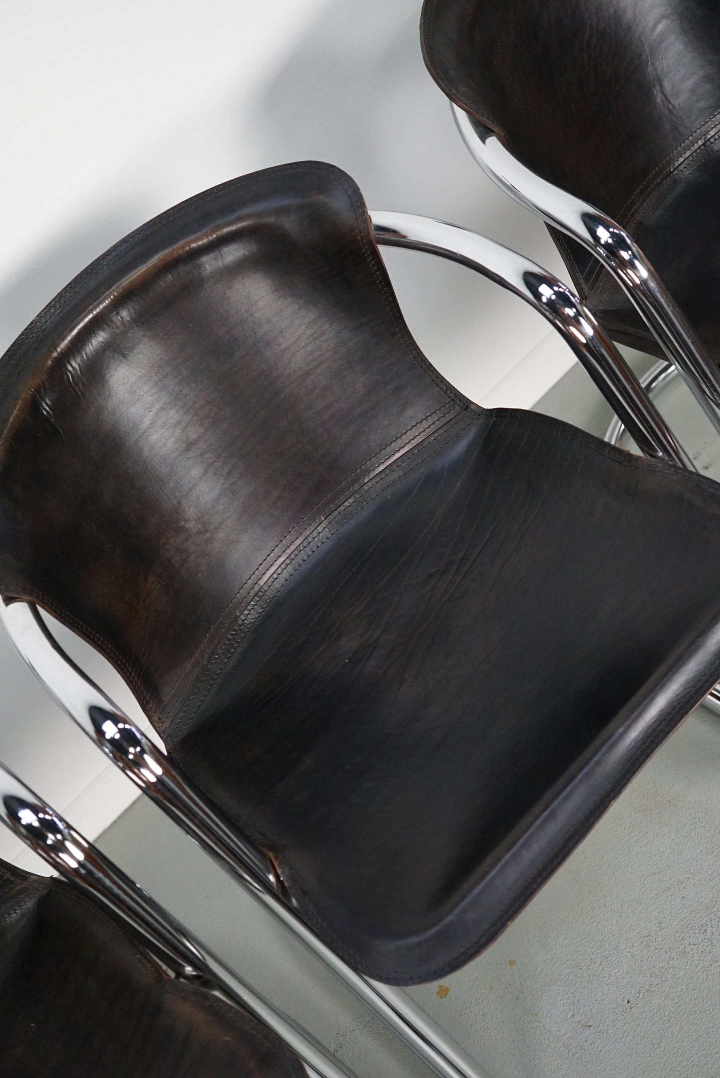 Set of Four Brown Leather Dining Chairs, Willy Rizzo, 1970s
