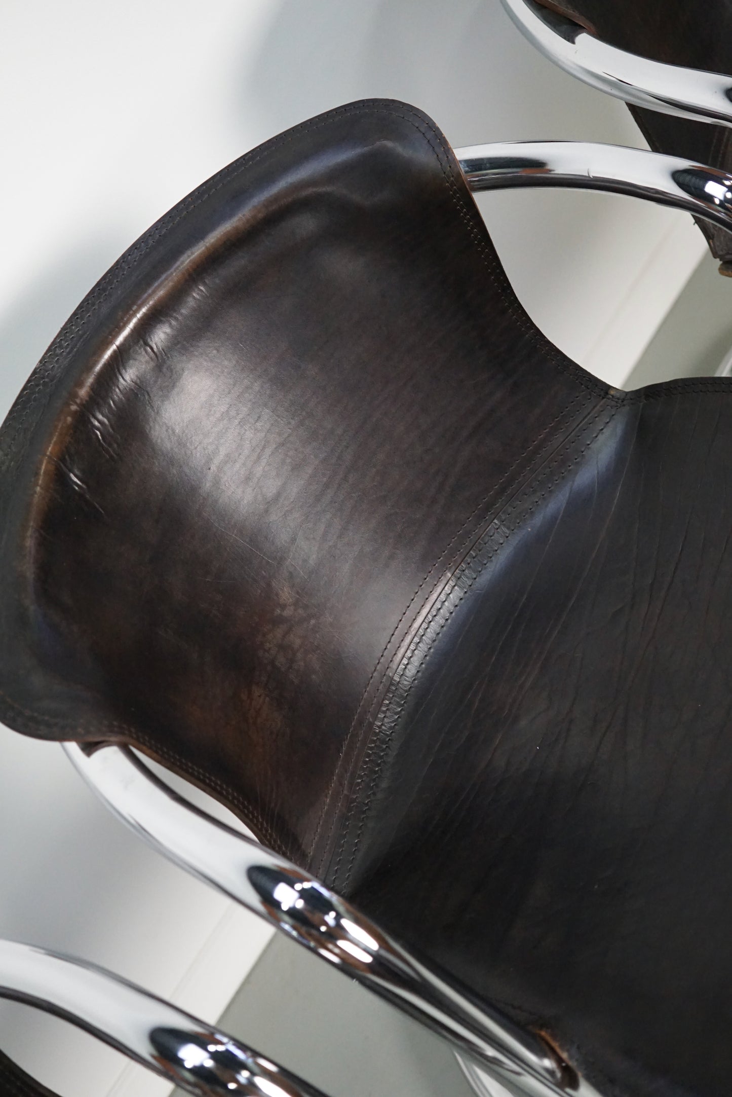 Set of Four Brown Leather Dining Chairs, Willy Rizzo, 1970s