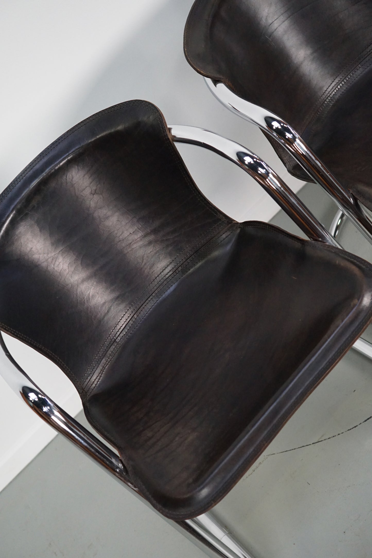 Set of Four Brown Leather Dining Chairs, Willy Rizzo, 1970s