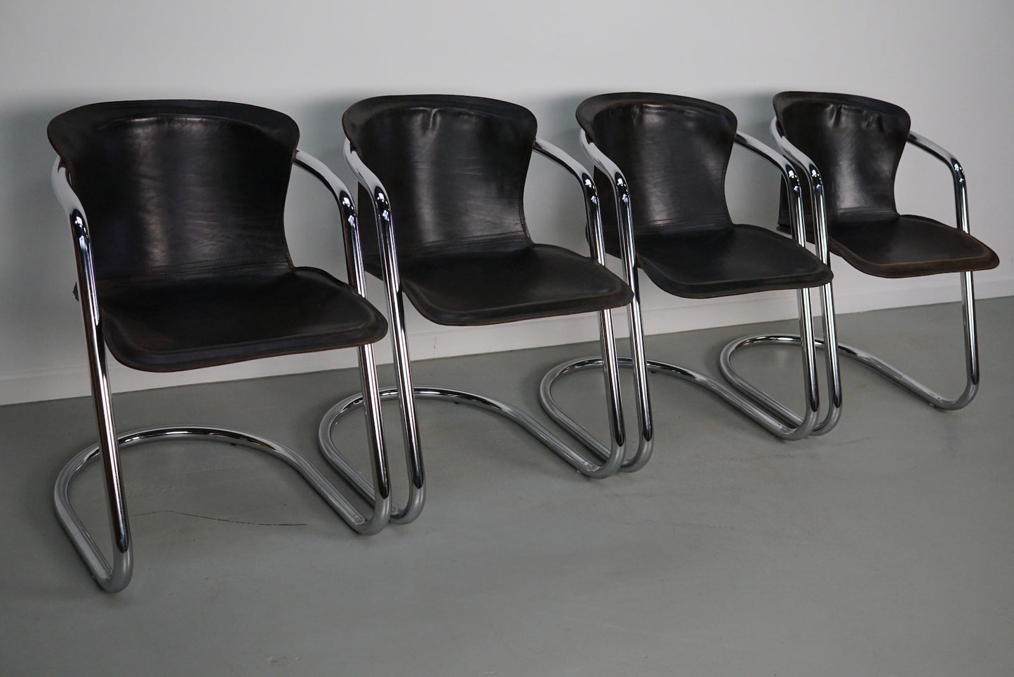 Set of Four Brown Leather Dining Chairs, Willy Rizzo, 1970s