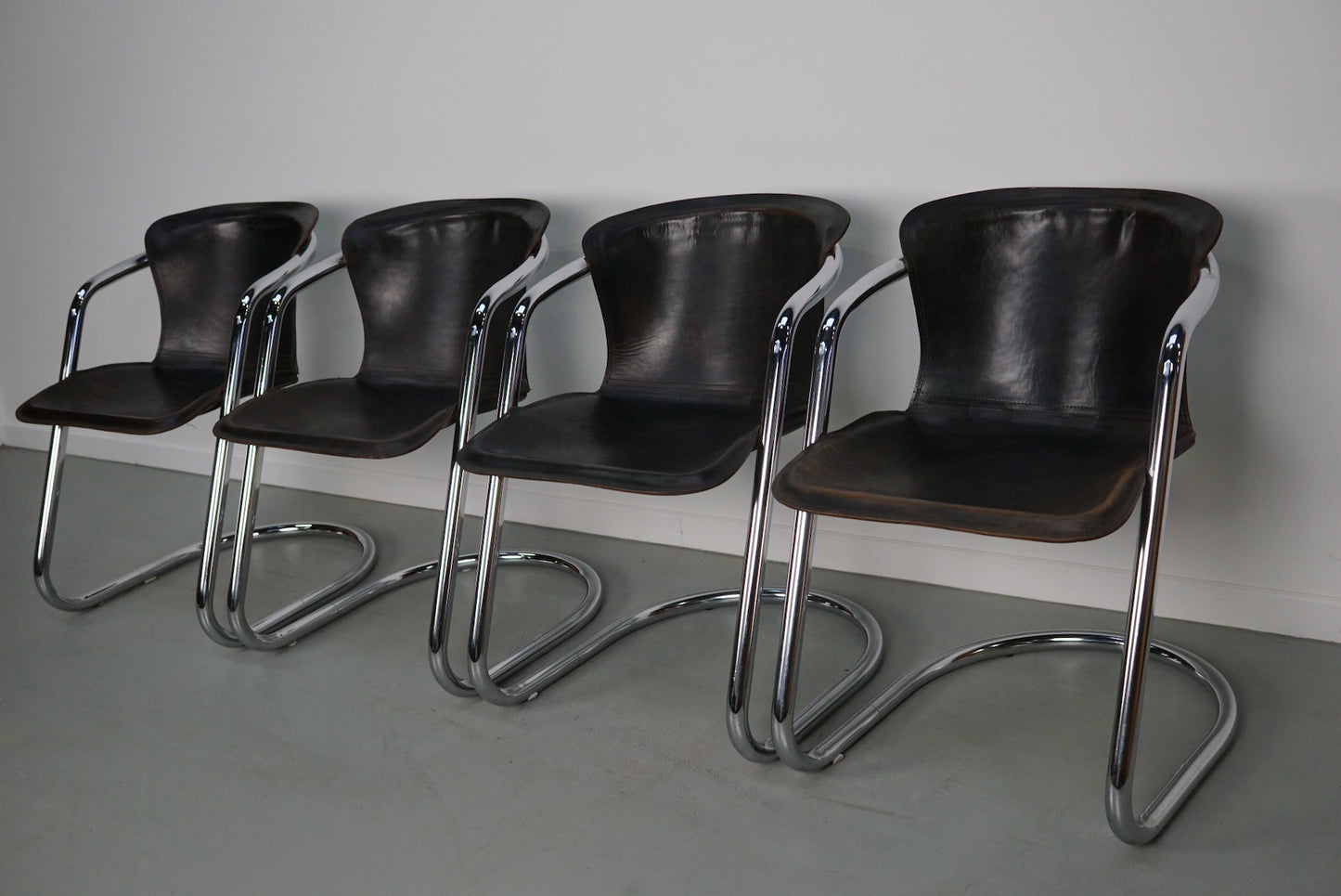 Set of Four Brown Leather Dining Chairs, Willy Rizzo, 1970s