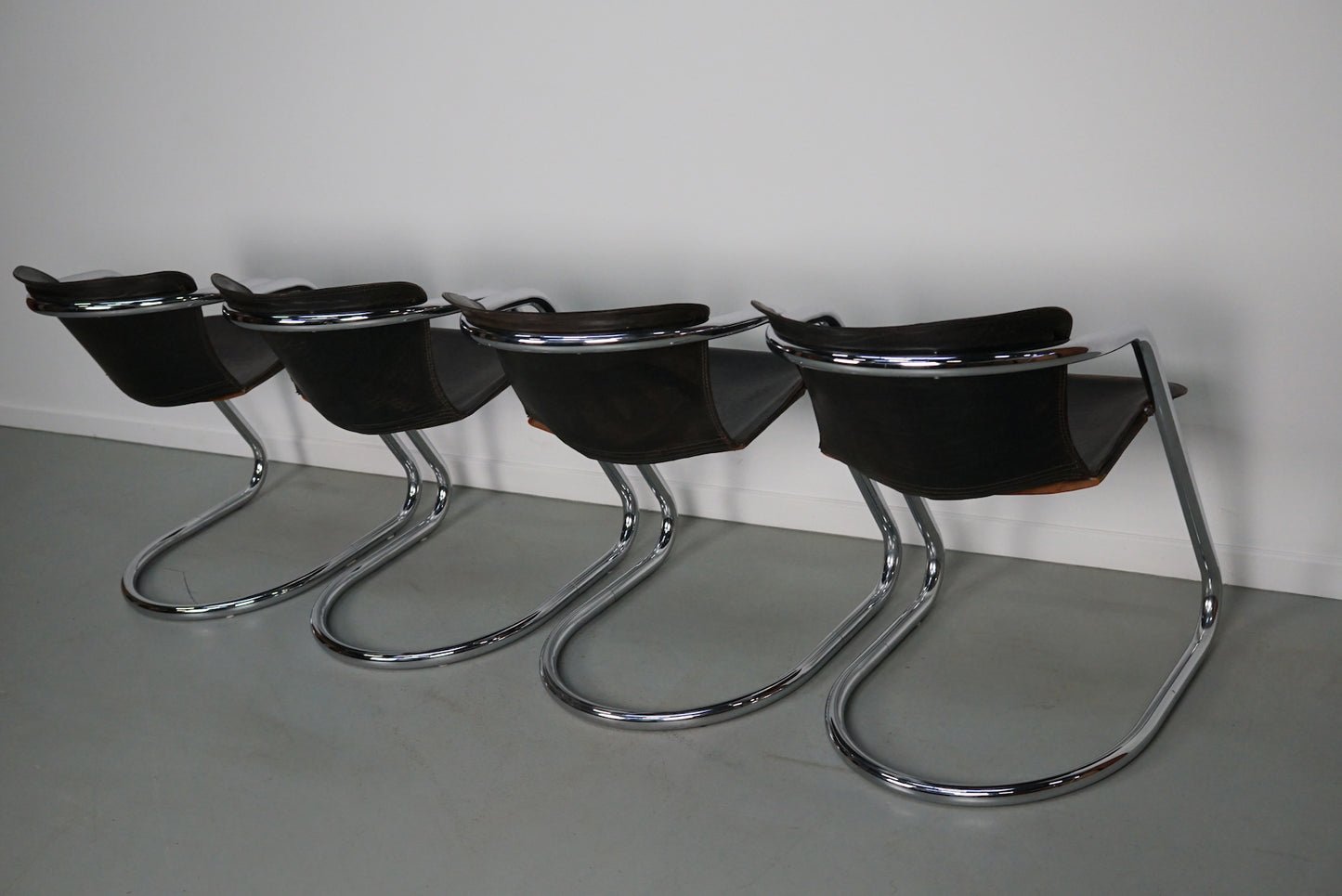 Set of Four Brown Leather Dining Chairs, Willy Rizzo, 1970s