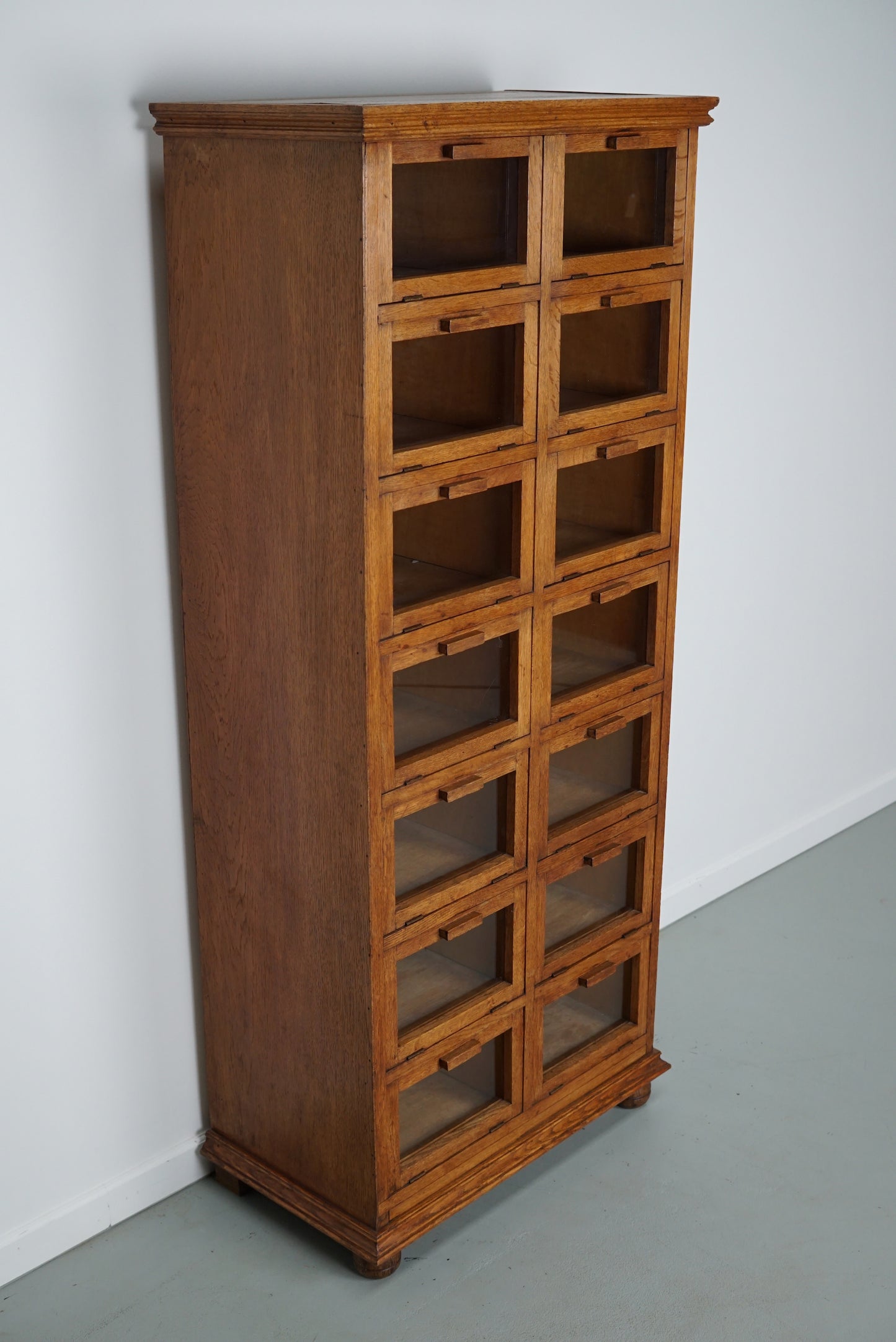 Vintage Dutch Oak Haberdashery Shop Cabinet / Vitrine Drop Down Doors, 1930s