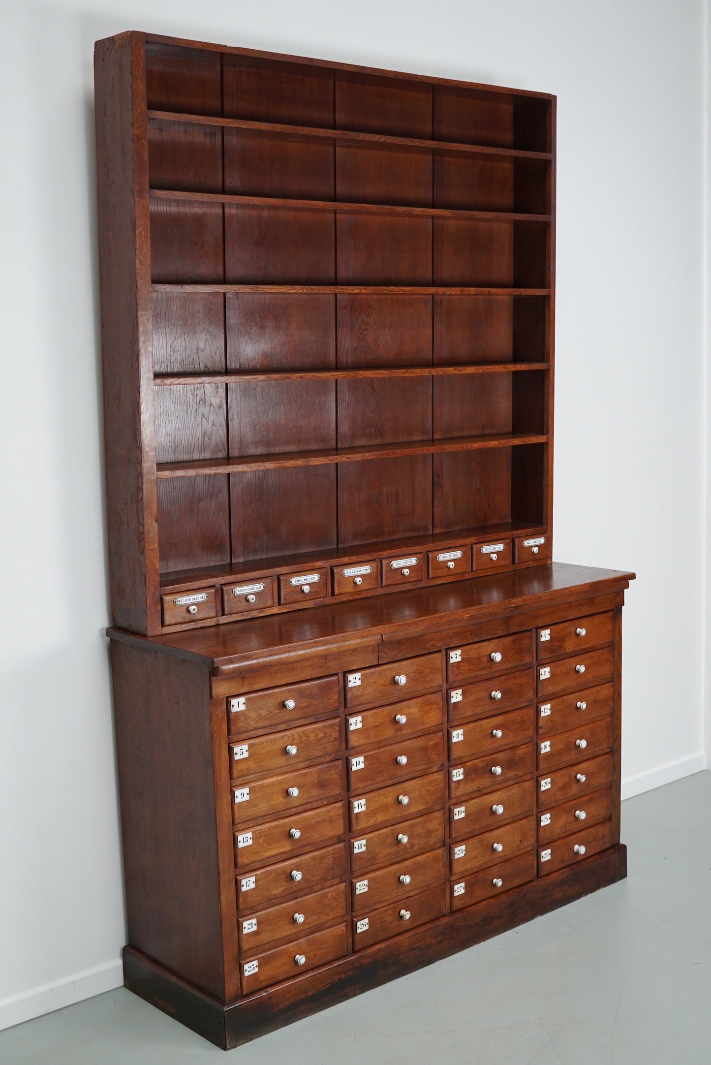 Large German Oak Apothecary Cabinet with Enamel Shields, Late 19th Century