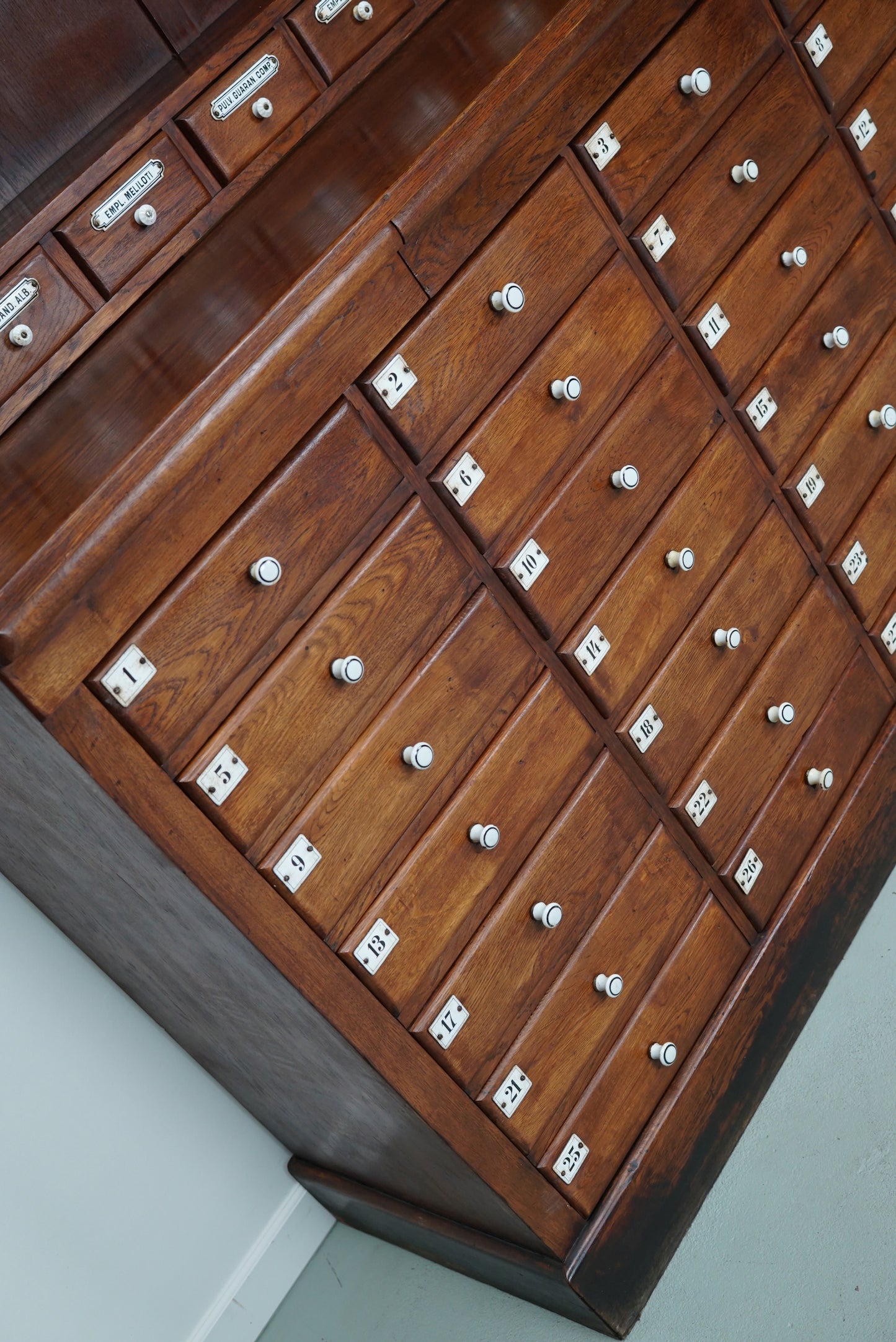 Large German Oak Apothecary Cabinet with Enamel Shields, Late 19th Century