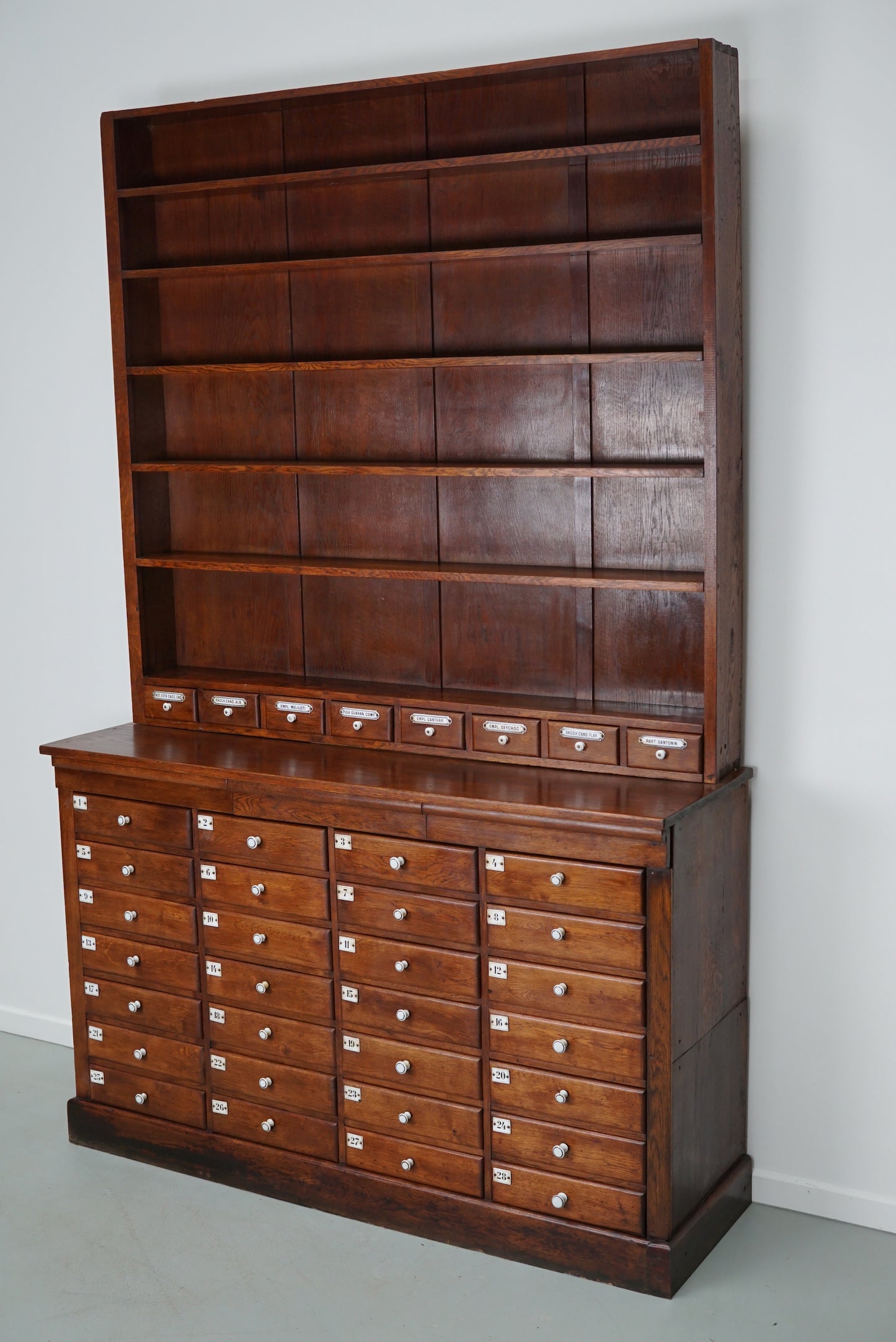 Large German Oak Apothecary Cabinet with Enamel Shields, Late 19th Century