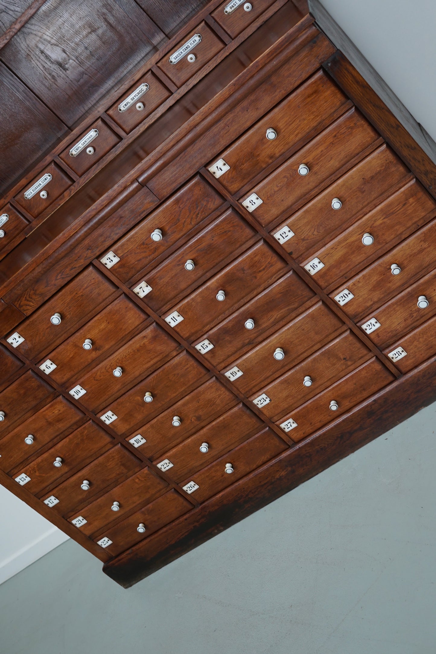 Large German Oak Apothecary Cabinet with Enamel Shields, Late 19th Century