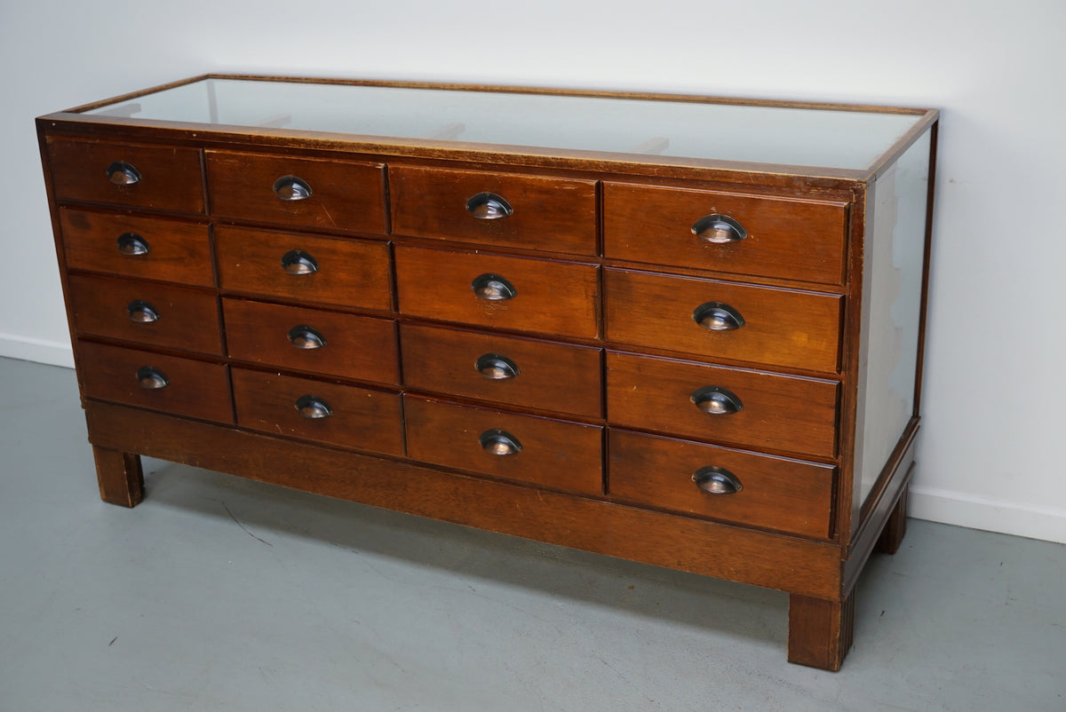 Antique English Beech Glass Shop Counter Cabinet / Vitrine, circa 1920-1930s