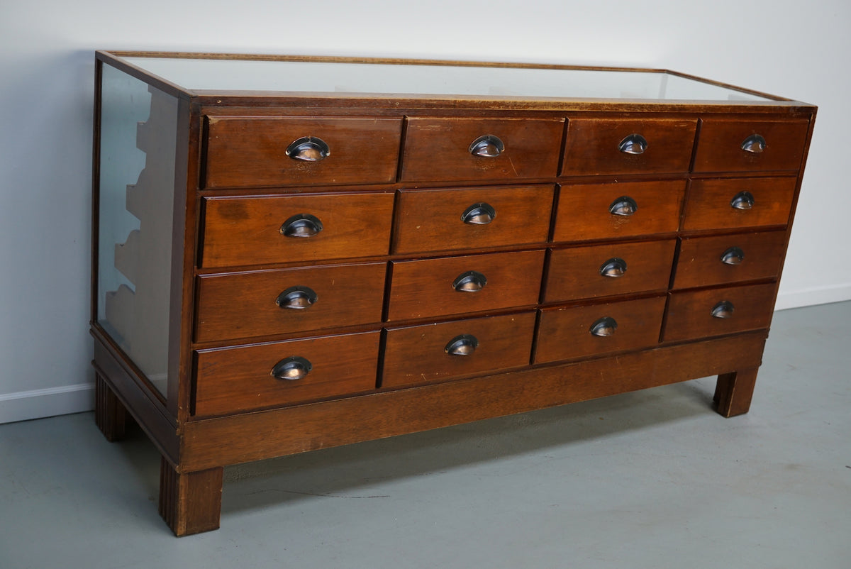 Antique English Beech Glass Shop Counter Cabinet / Vitrine, circa 1920-1930s