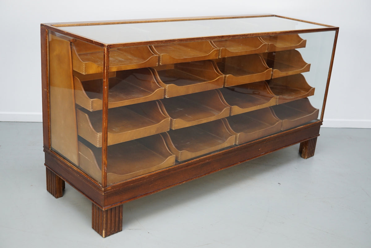 Antique English Beech Glass Shop Counter Cabinet / Vitrine, circa 1920-1930s