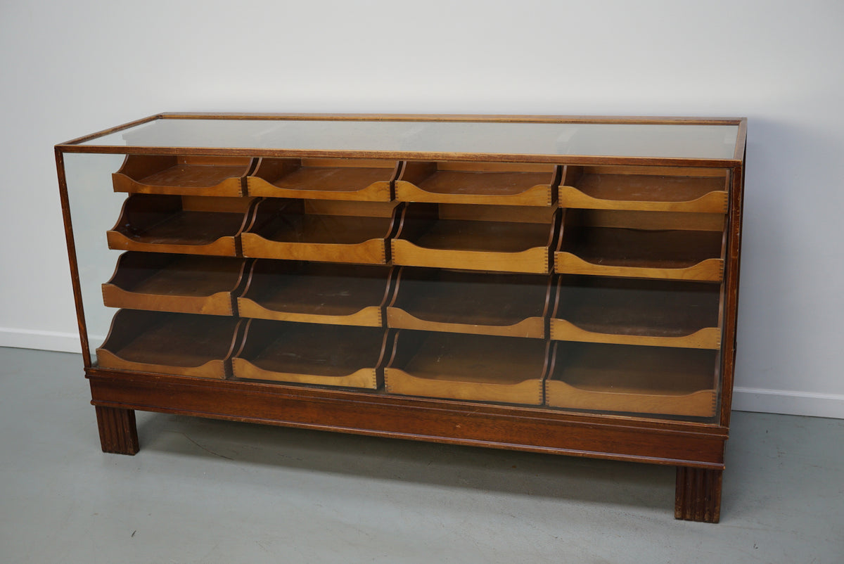 Antique English Beech Glass Shop Counter Cabinet / Vitrine, circa 1920-1930s