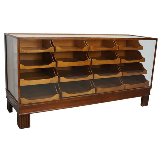 Antique English Beech Glass Shop Counter Cabinet / Vitrine, circa 1920-1930s
