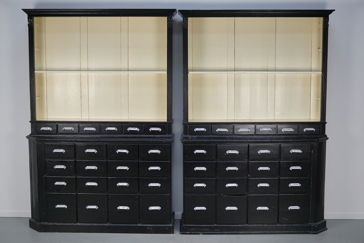Large Pair of Antique Black Painted Apothecary Cabinets, Eastern Europe 1910s