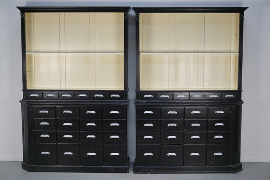 Large Pair of Antique Black Painted Apothecary Cabinets, Eastern Europe 1910s