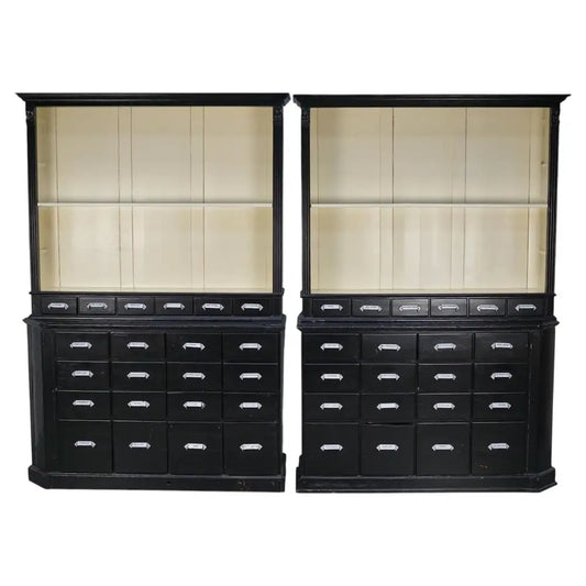 Large Pair of Antique Black Painted Apothecary Cabinets, Eastern Europe 1910s