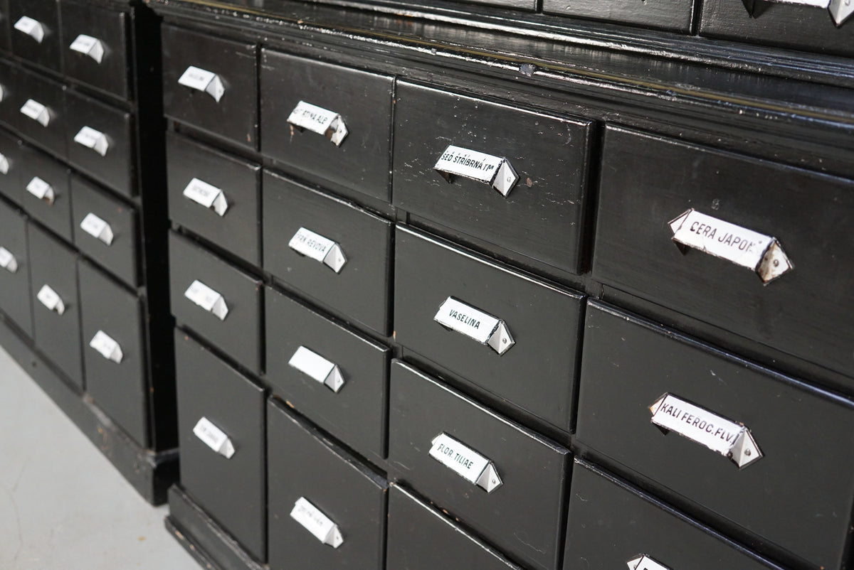 Large Pair of Antique Black Painted Apothecary Cabinets, Eastern Europe 1910s